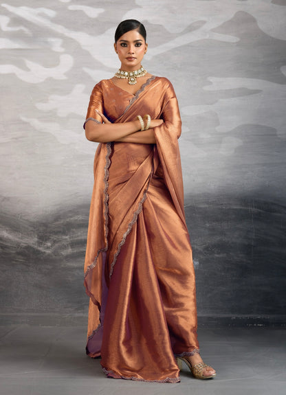 Burberry Chiffon Saree with Zarkan and Cutdana Appliqué Lace Work – Designer Party Wear Saree for Women