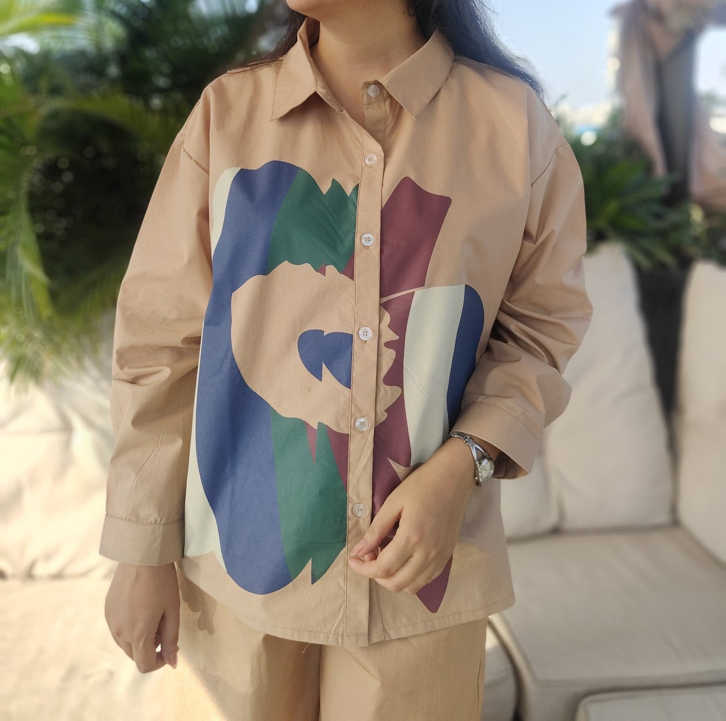 Premium Poplin Co-ord Set for Women with Abstract Print Shirt and Wide-Leg Pants – Smart Casual Outfit