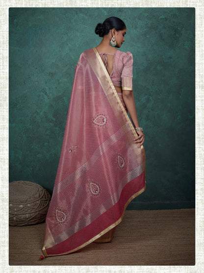 linen tissue saree with handwork motifs, lace detailing, and designer blouse – lightweight ethnic wear for women