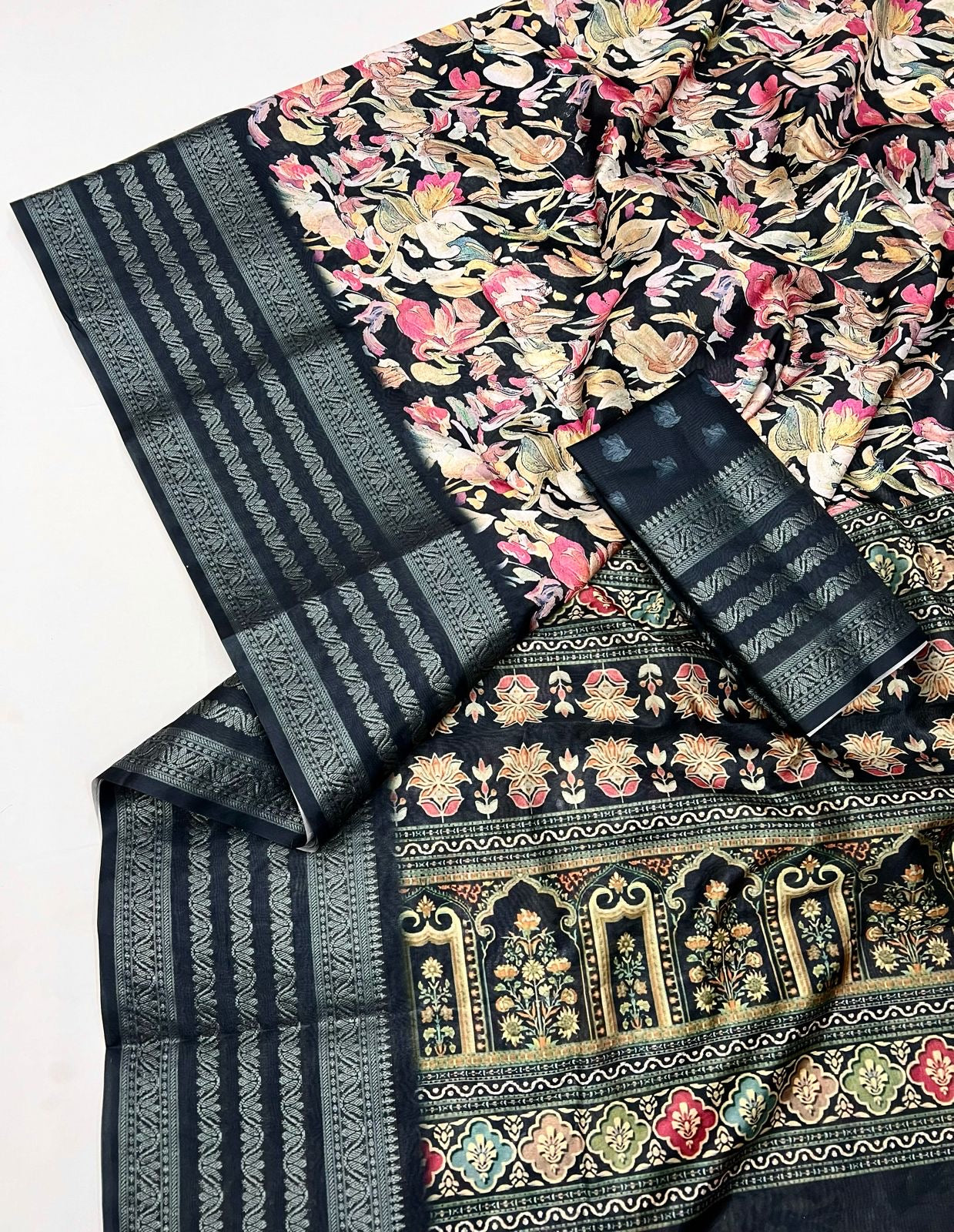 Soft Dola Silk Sarees digital floral print Jacquard weaving border