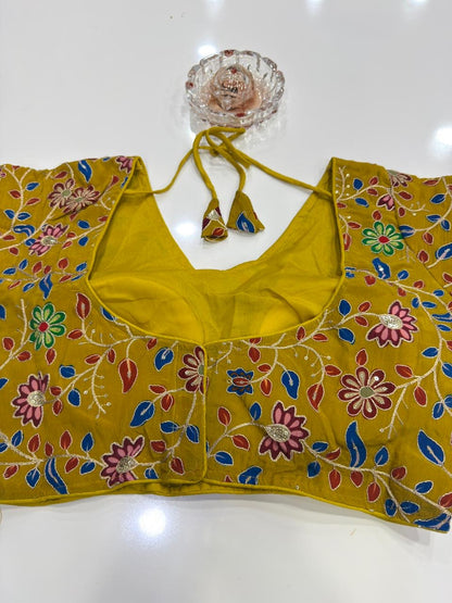 Pure silk embroidered readymade blouse for women, floral print, 3/4 sleeve, padded, size 38–42, 15 inch length