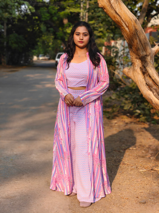 Women’s Georgette Chevron Print 3-Piece Set with Jacket – Sizes L, XL & 2XL