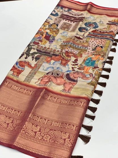 Banarasi Soft Silk Saree with Kalamkari Block Print and Zari Weaving – Party Wear for Women