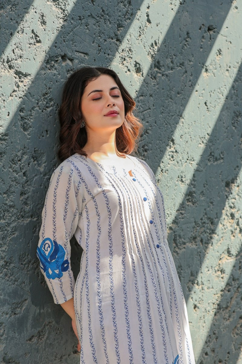 Striped Mul Cotton Kurta Pant Set for Women with Breathable Lining and Button Detailing