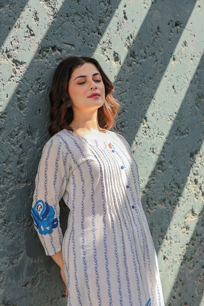 Striped Mul Cotton Kurta Pant Set for Women with Breathable Lining and Button Detailing
