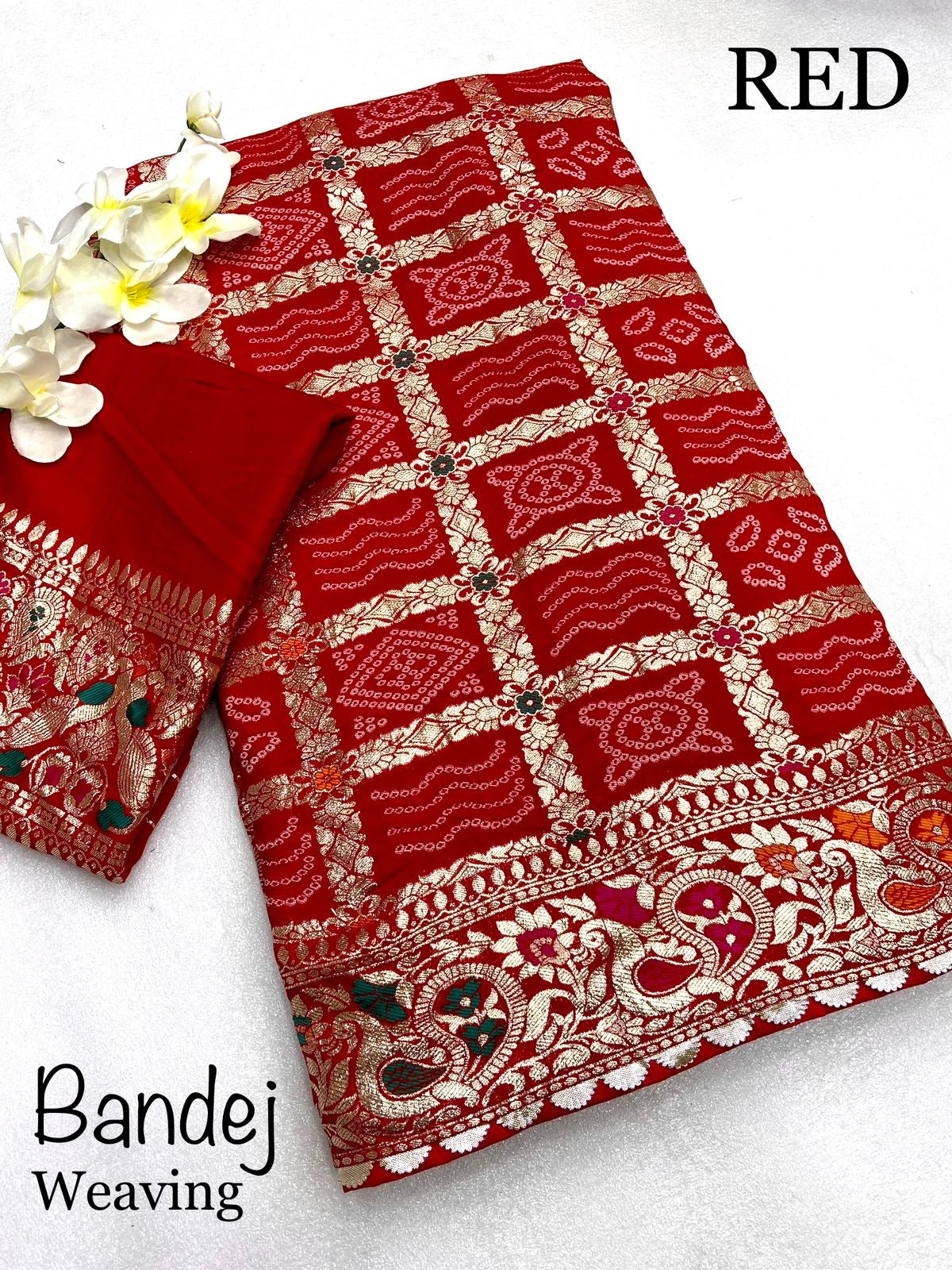 Viscose Silk Bandej Saree with Meenakari Weaving, Heavy Pallu and Lace Border – Festive Wear