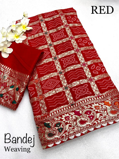 Viscose Silk Bandej Saree with Meenakari Weaving, Heavy Pallu and Lace Border – Festive Wear