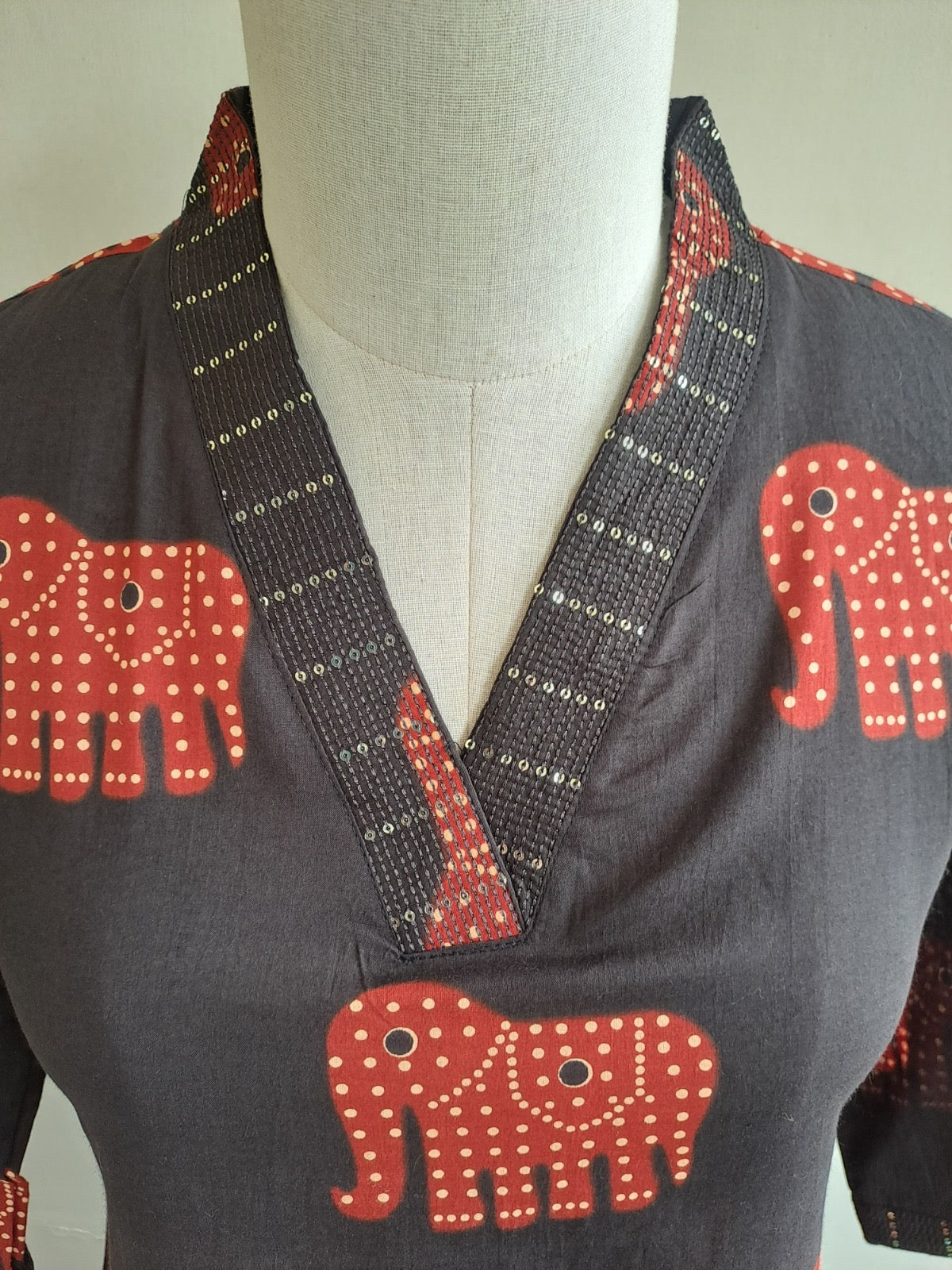 Pure Cotton Elephant Print Kurta Pant Dupatta Set for Women – Black & Red, Sizes 38–46