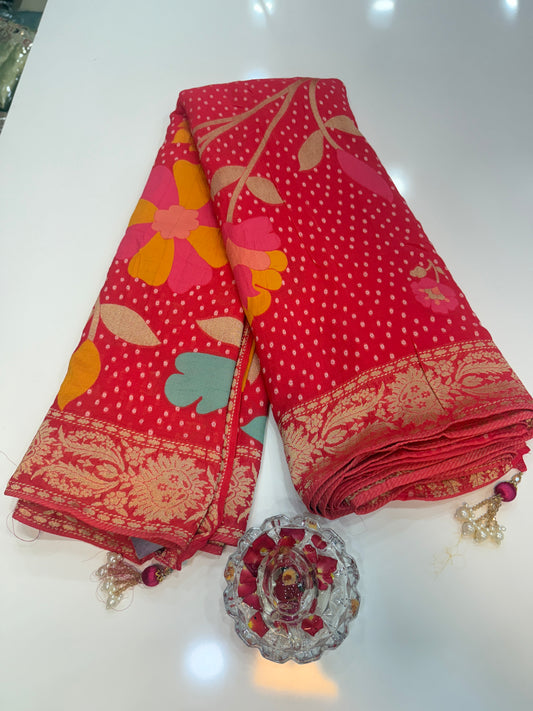 Pure Kaddi Georgette Zari Weaving Saree in Rani Pink with Circular Motifs and Floral Accents – Festive & Wedding Wear Saree for Women