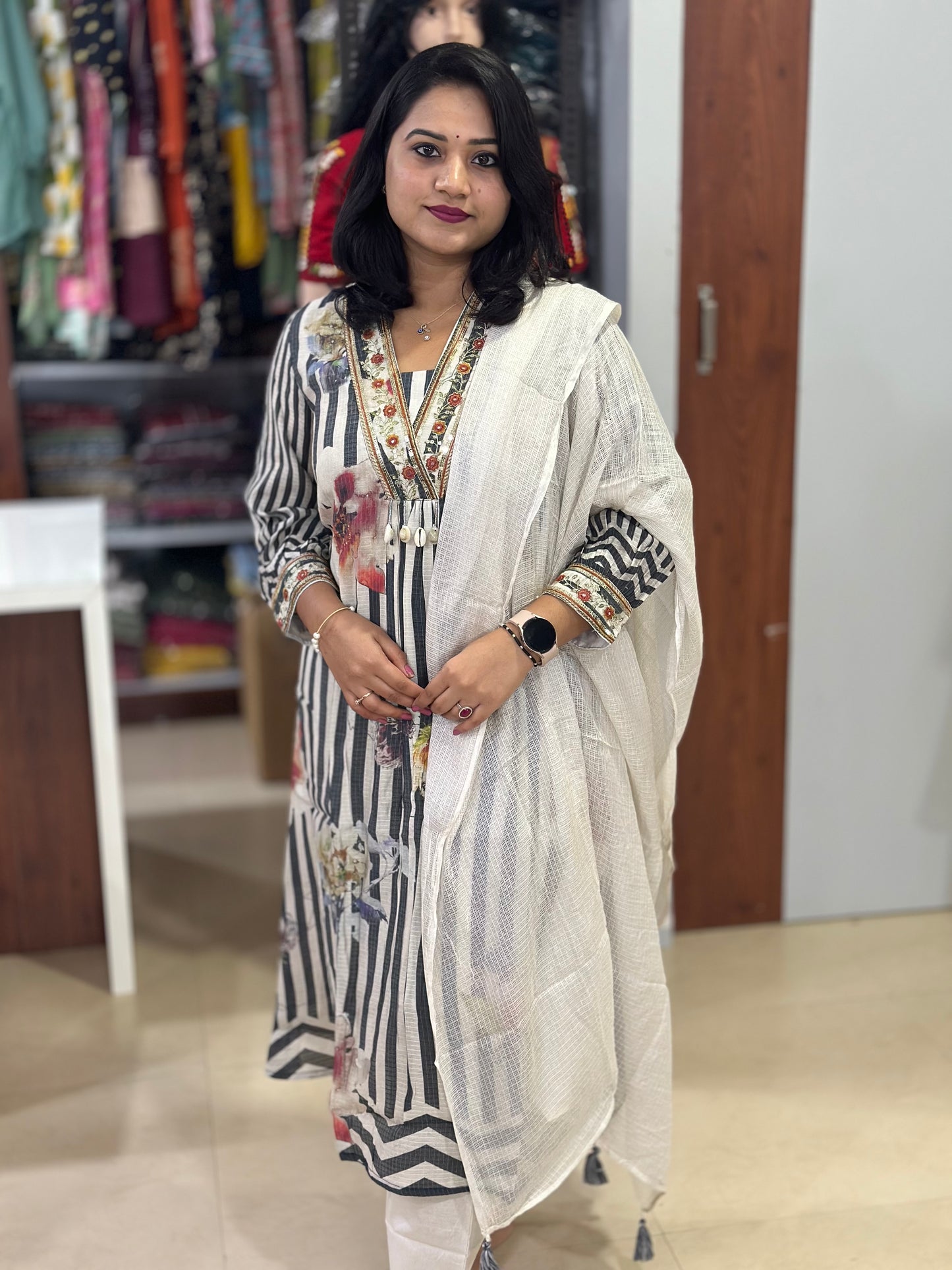 Kota Doria Embroidered A-Line Kurti Pant Dupatta Set with Tassels – Women’s Festive Ethnic Wear