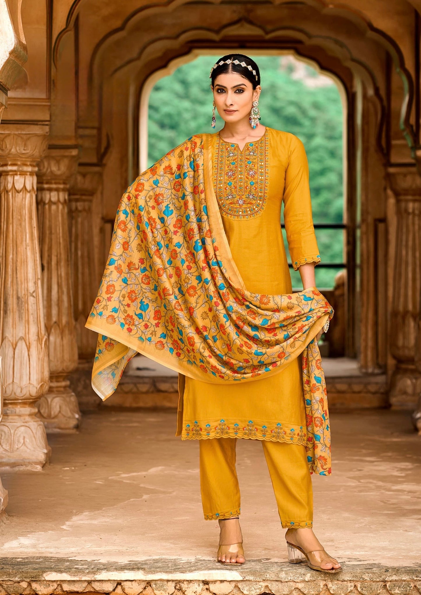 Viscose Embroidered Kurta Pant Dupatta Set with Khatli Mirror Work and Digital Print Dupatta – L to 3XL