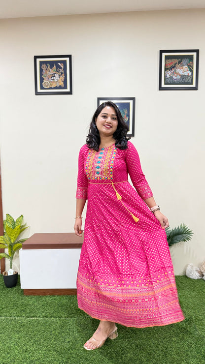 Rayon Foil Print Anarkali Gown with Embroidered Neck and Belt – Liva Tag – Sizes M to 3XL