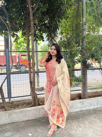 Pure Tissue Shimmer Kurta Set with Digital Print and Handwork – Kurti Pant Dupatta Set for Women