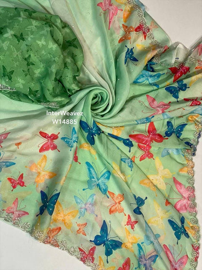 Pure Soft Georgette Silk Saree with Digital Butterfly Print, Cutdana and Moti Work – Women’s Festive Wear