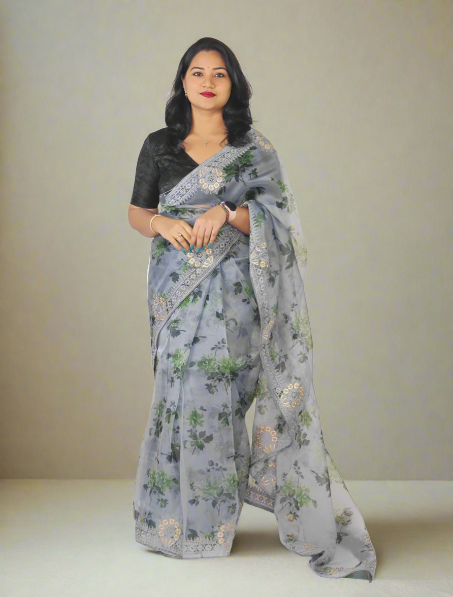 Organza Silk Saree with Digital Print and Viscos Thread Work – Banglori Silk Blouse Included