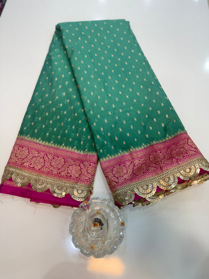 Women’s Banarasi semi-kaddi katan soft silk saree with zari booti weaving, lace border and rich pallu