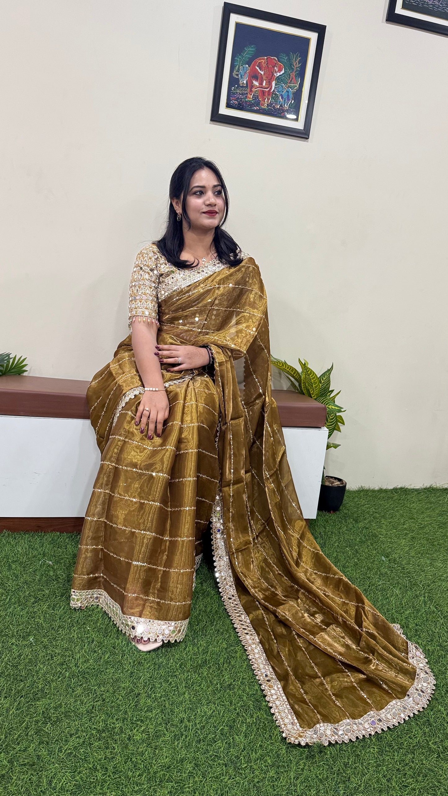 Soft Satin Organza Saree with Real Mirror Work Embroidery and Stitched Blouse – Festive Wear for Women