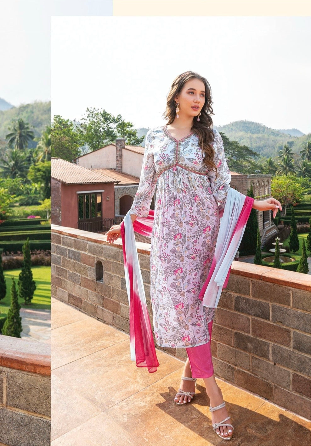 Women’s pure chinon Alia cut kurti set with handwork and shaded nazmin dupatta – festive ethnic wear