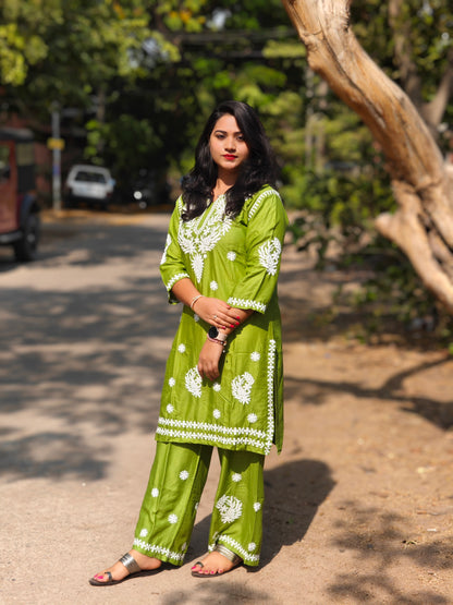 Green Lucknowi Chikankari Embroidered Cotton Top Bottom Set for Women – Handcrafted Ethnic Wear