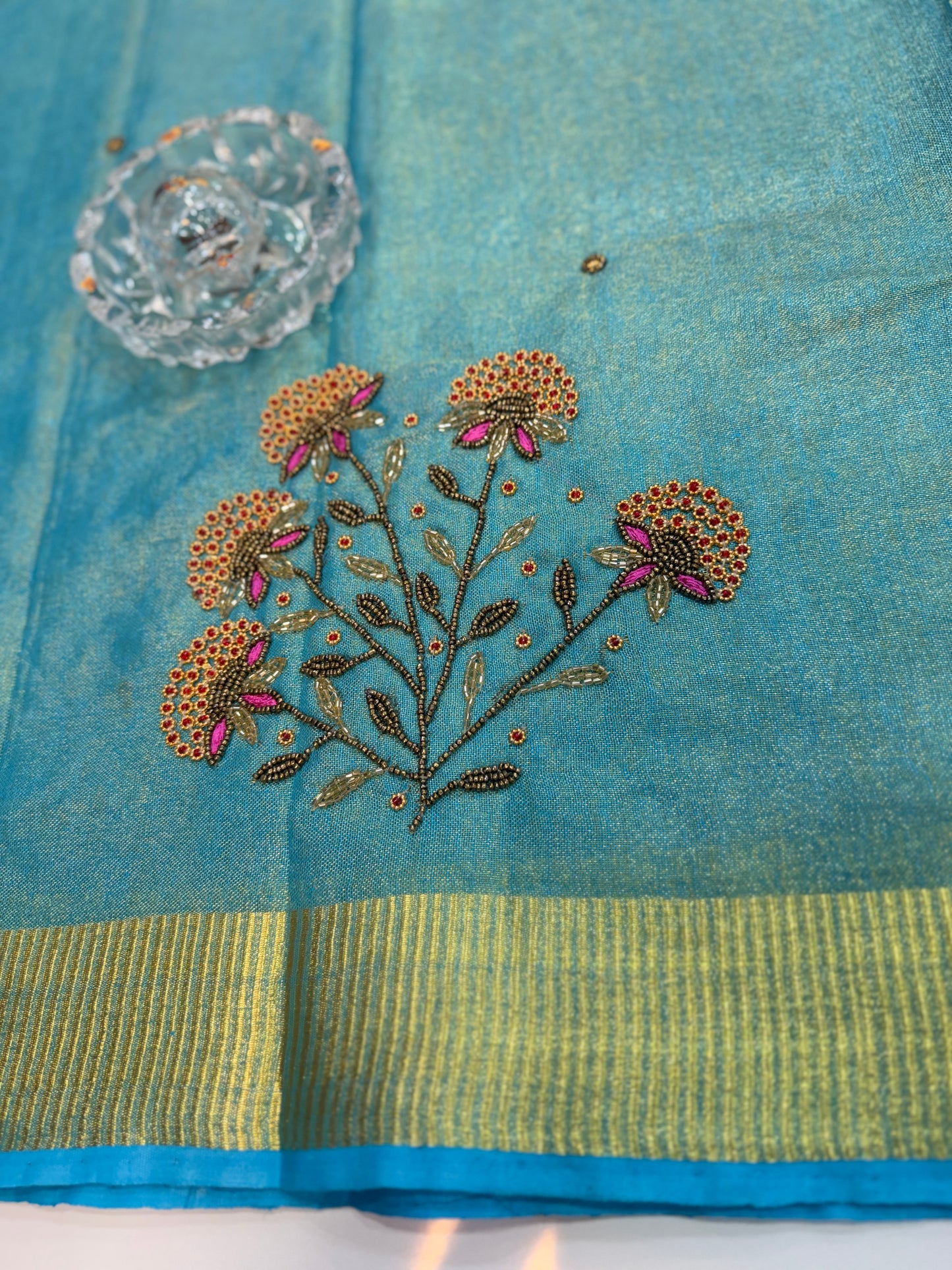 Pure Tissue 150 Count Linen Handloom Saree with Handwork and Running Blouse for Women