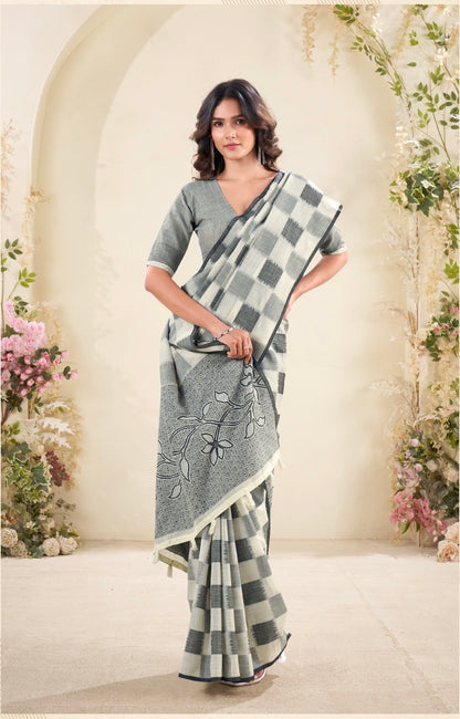 linen silk saree with checked pattern and floral border – lightweight ethnic wear for women
