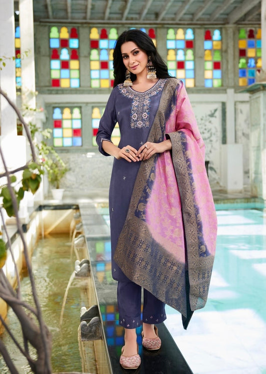 Dola Silk Kurti Set with Russian Silk Pant and Jacquard Dupatta – Handwork Ethnic Set for Women