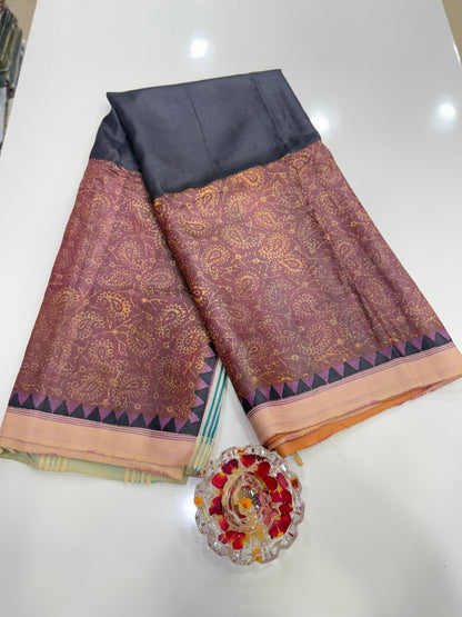 Pure Kosa Tussar Silk Printed Saree with Blouse – Handwoven Chhattisgarh Silk Mark Certified Saree