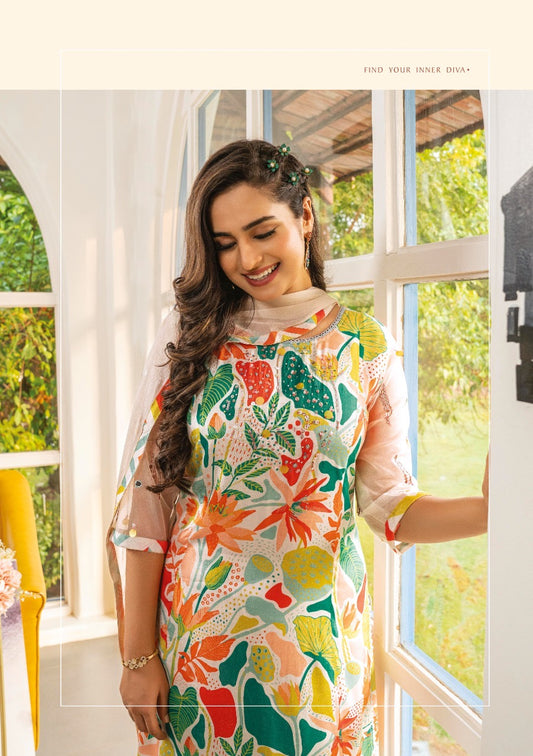 Viscose Satin Silk Kurti Pant Dupatta Set with Digital Print and Hand Embellishments for Women – XL to 3XL