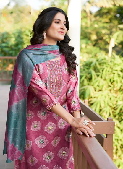 Roman Silk Modal Straight Suit Set with Foil Print, Embroidery and Chanderi Dupatta for Women