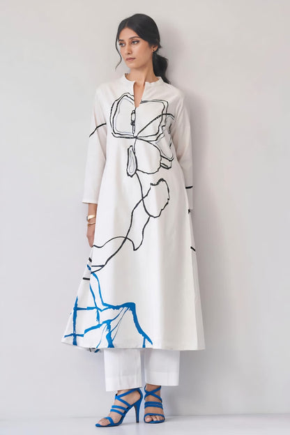 White Linen Cotton Kurti Pant Set for Women with Abstract Blue and Black Print
