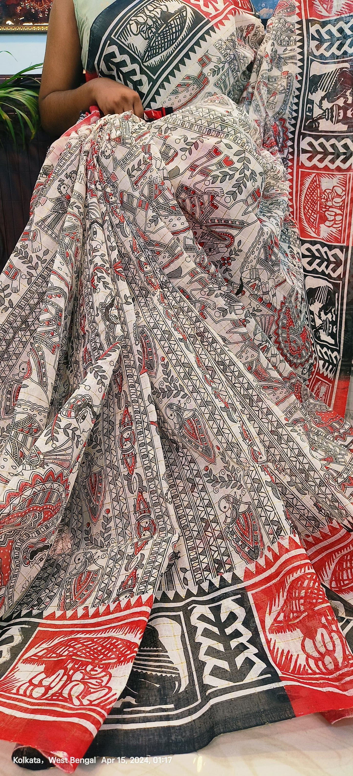 Madhubani Sohajpath Hand Block Print Saree on Begampur Zari Check Fabric – Festive & Wedding Wear