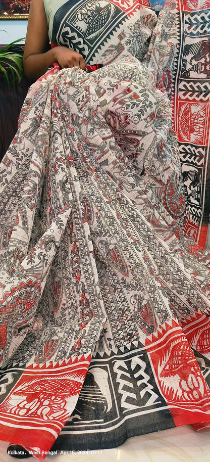 Madhubani Sohajpath Hand Block Print Saree on Begampur Zari Check Fabric – Festive & Wedding Wear