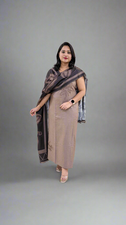 Kashmeeree Embroidered Top with Pure Pashmina Bottom and Silkina Digital Print Dupatta Set for Women