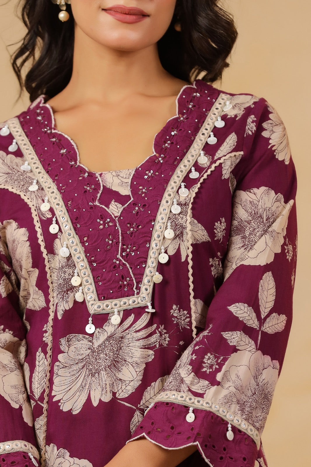 Pure Cotton Floral Printed Kurti Pant Set with Lace Detailing for Women – Wine Colour