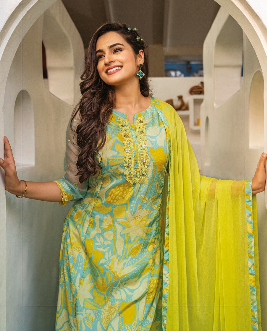 Viscose Satin Silk Kurti Pant Dupatta Set with Digital Print and Hand Embellishments for Women – XL to 3XL