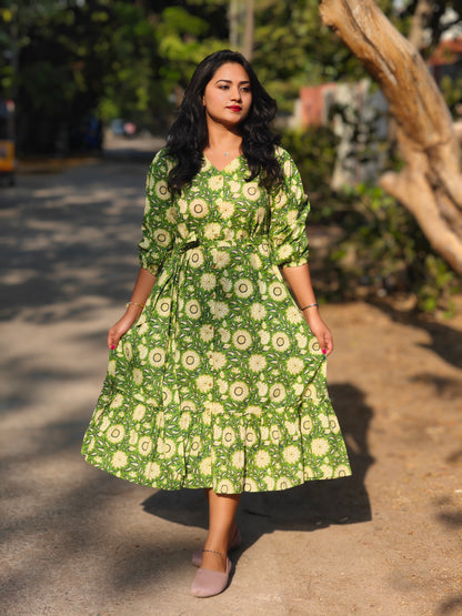 Green Cotton Floral Printed A-Line Midi Dress with V-Neck and Three-Quarter Sleeves – L to 3XL
