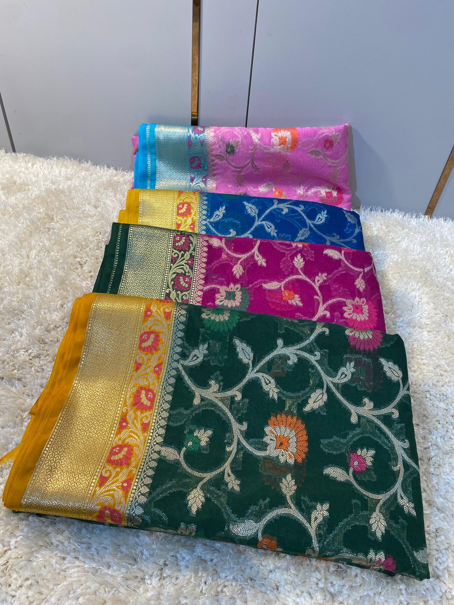 Banarasi Meenakari Georgette Silk Saree with Multi-Color Floral Weaving and Meena Border Blouse