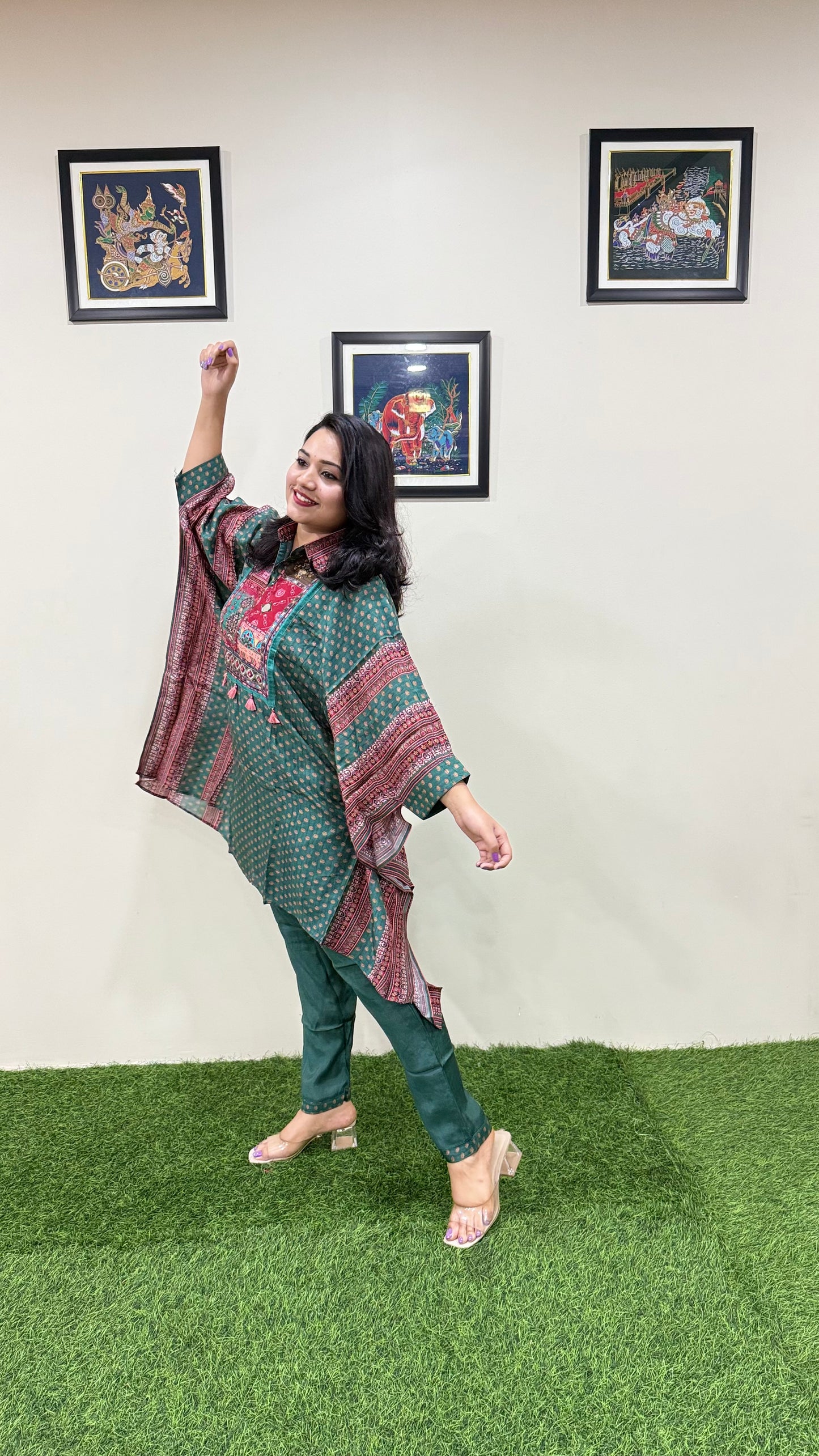 Designer Muslin Digital Print Western Fusion Kurti Pant Set with Mirror and Bead Handwork