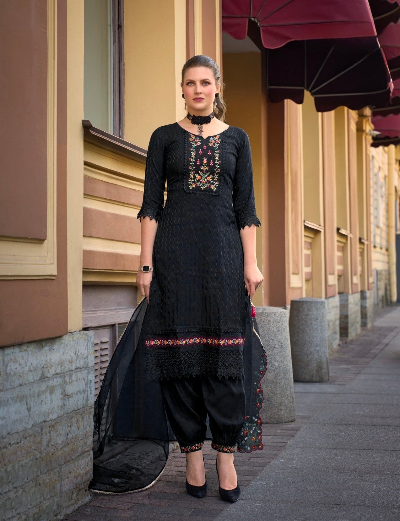 Women’s Self-Jacquard Silk 3-Piece Suit Set with Afghani Bottom and Organza Dupatta – XXL & 3XL