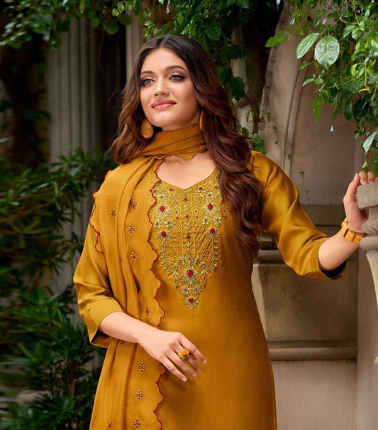 Milan Silk Handworked Kurta Pant Dupatta Set with Embroidered Organza Dupatta – Sizes M to XXL