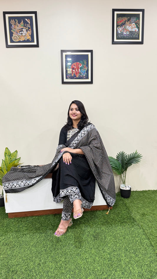 Rayon Kurta Pant Dupatta Set with Dori Embroidery and Chanderi Foil Print Dupatta – Sizes M to XXL