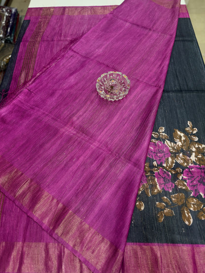 Pure Tussar Ghicha Silk Saree with Zari Border and Printed Design – Silk Mark Certified Handloom Saree