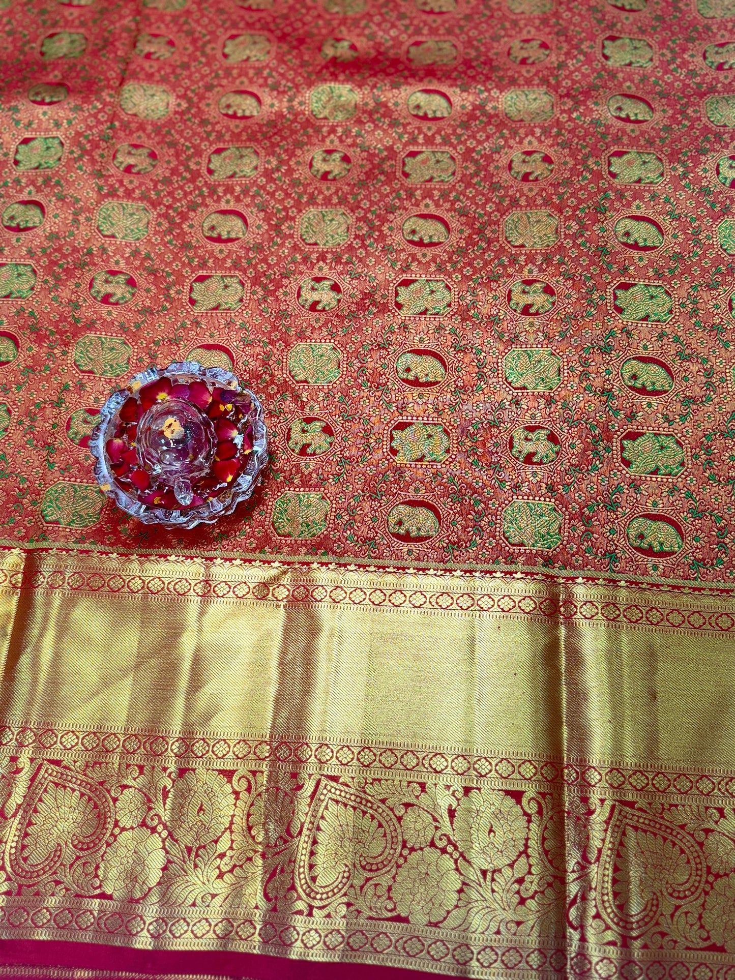 Bright Red Handloom Mulberry Silk Saree with Double Card Meenakari Motifs and Gold Zari Border