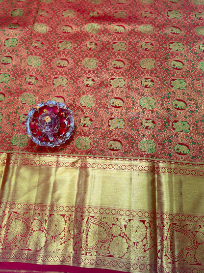 Bright Red Handloom Mulberry Silk Saree with Double Card Meenakari Motifs and Gold Zari Border