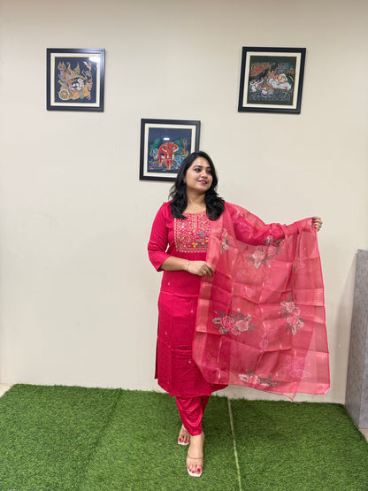 Gajji Silk Straight Suit Set with Embroidery and Organza Zari Dupatta for Women