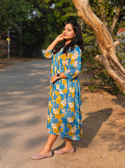 Women’s Blue Chiffon Lurex Floral Printed Flared Dress – Casual & Summer Wear