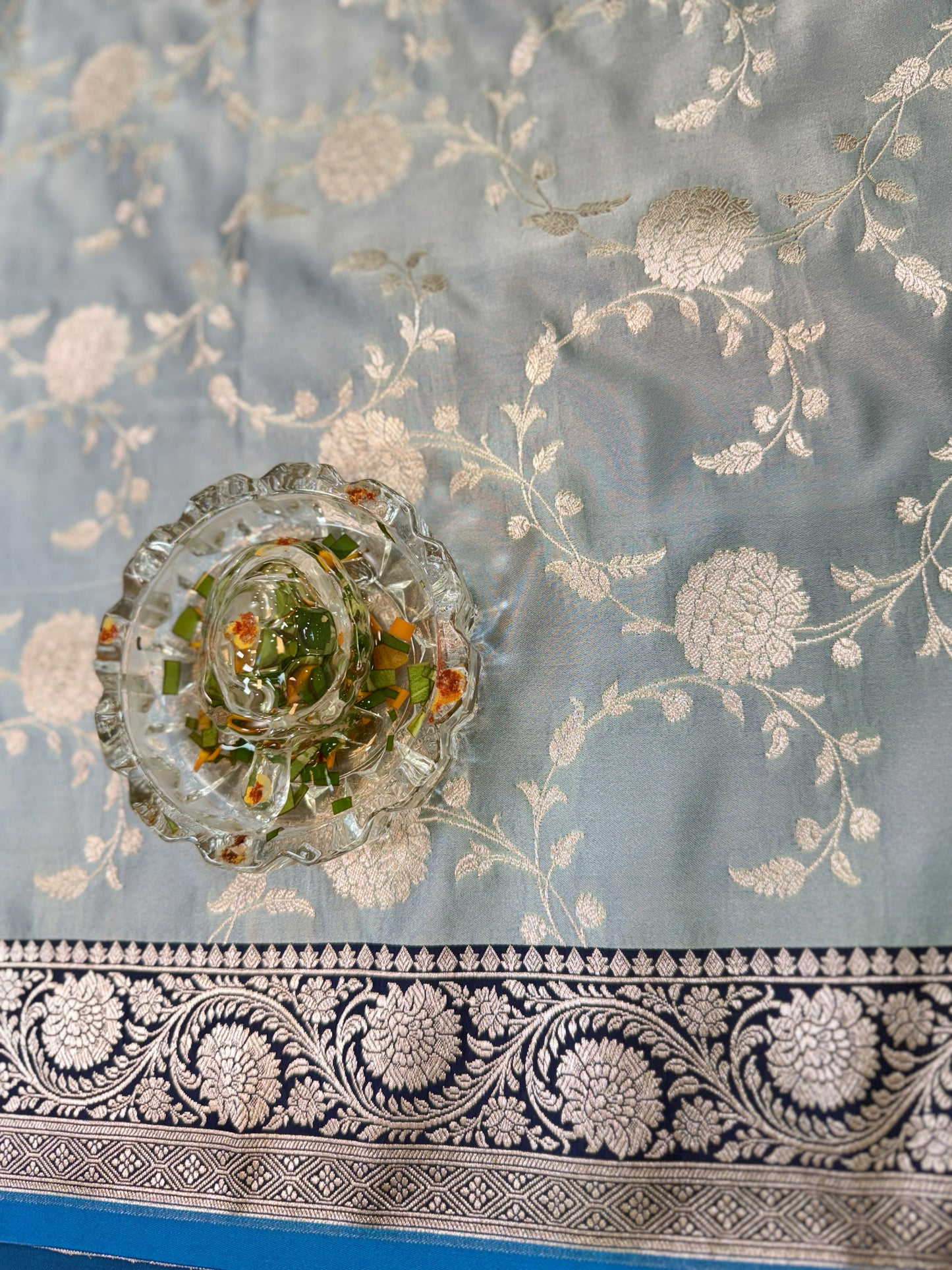 Banarasi Mashru Katan Silk Saree in Grey and Navy Blue with Contrast Blouse Piece – Women’s Festive Wear