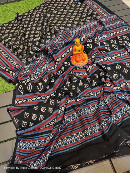 Semi Modal Silk Saree with Hand Block Prints and Contrast Blouse for Women