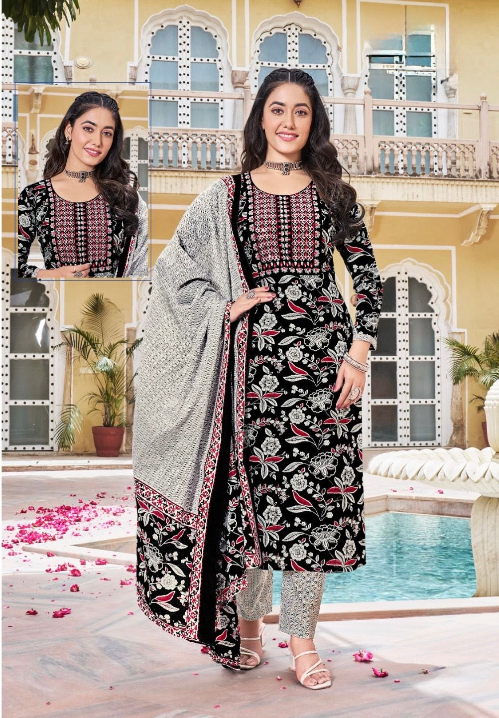 Cambric Cotton Embroidered Kurta Set with Pant and Malmal Dupatta for Women (L to 3XL)