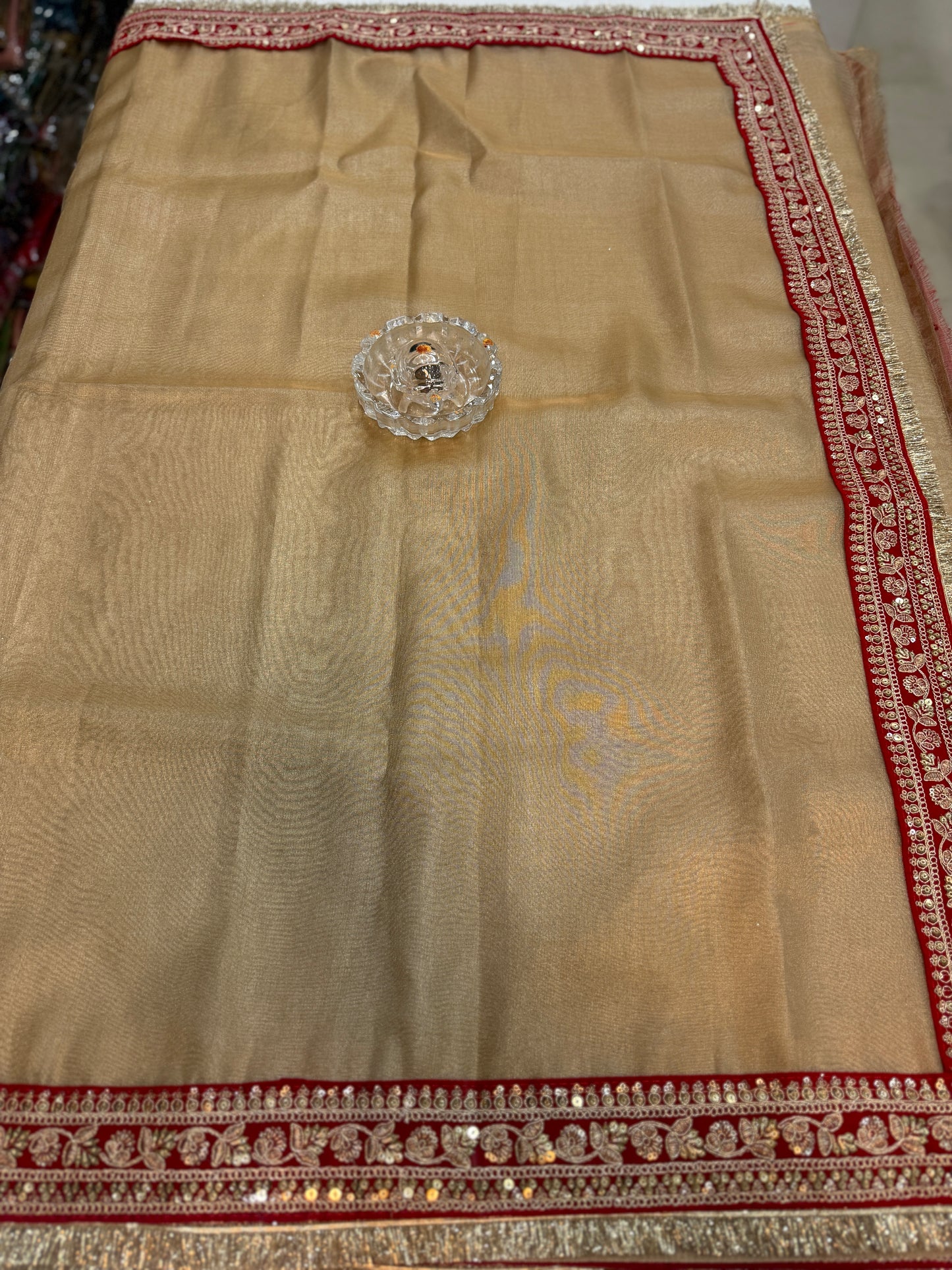 Women’s Banarasi premium tissue silk saree with lace border and woven booti blouse piece, gold and red